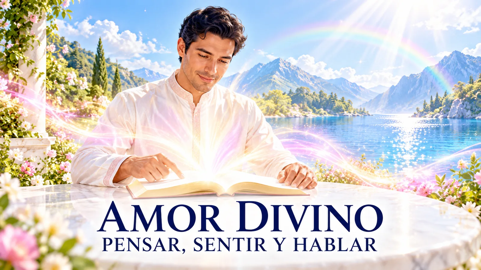 Hombre de cabello negro leyendo un libro en un entorno luminoso junto a un lago, con suaves corrientes de luz rosa.