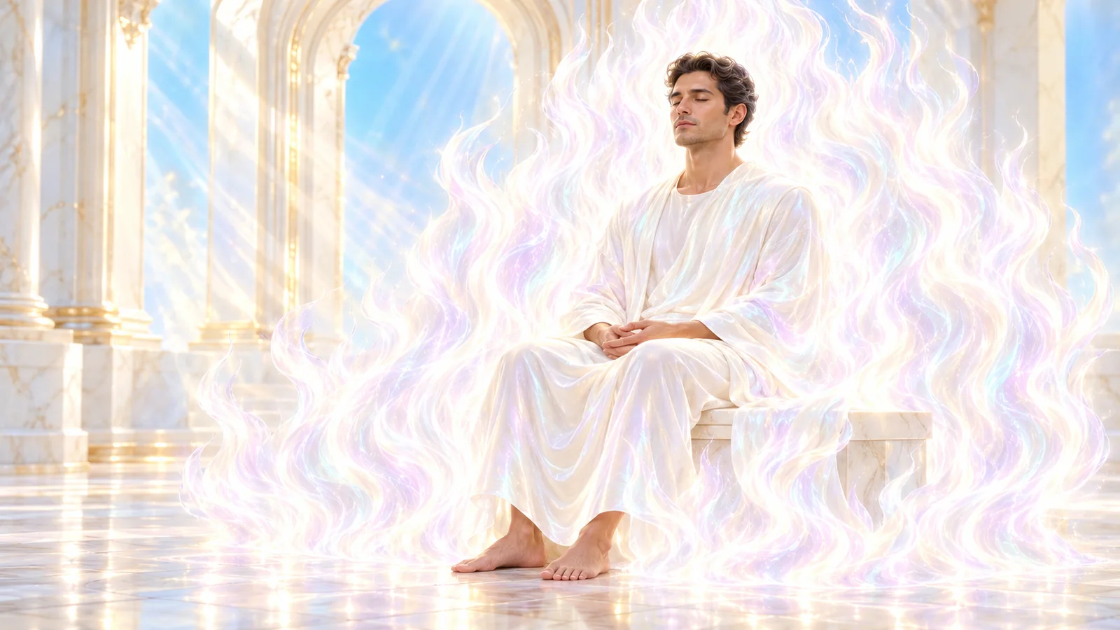 Hombre de cabello castaño meditando, rodeado de fuego blanco iridiscente en un santuario luminoso de mármol
