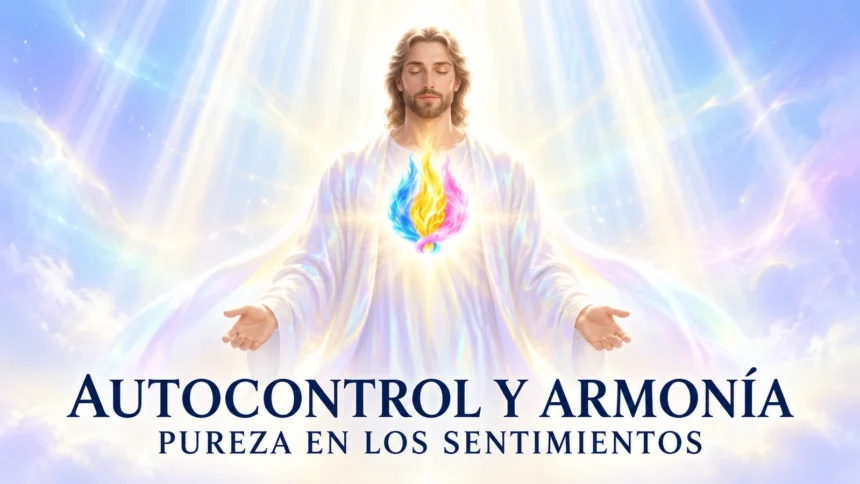 Autocontrol y armonía: hombre sereno con túnica blanca iridiscente y llama triple en el corazón.