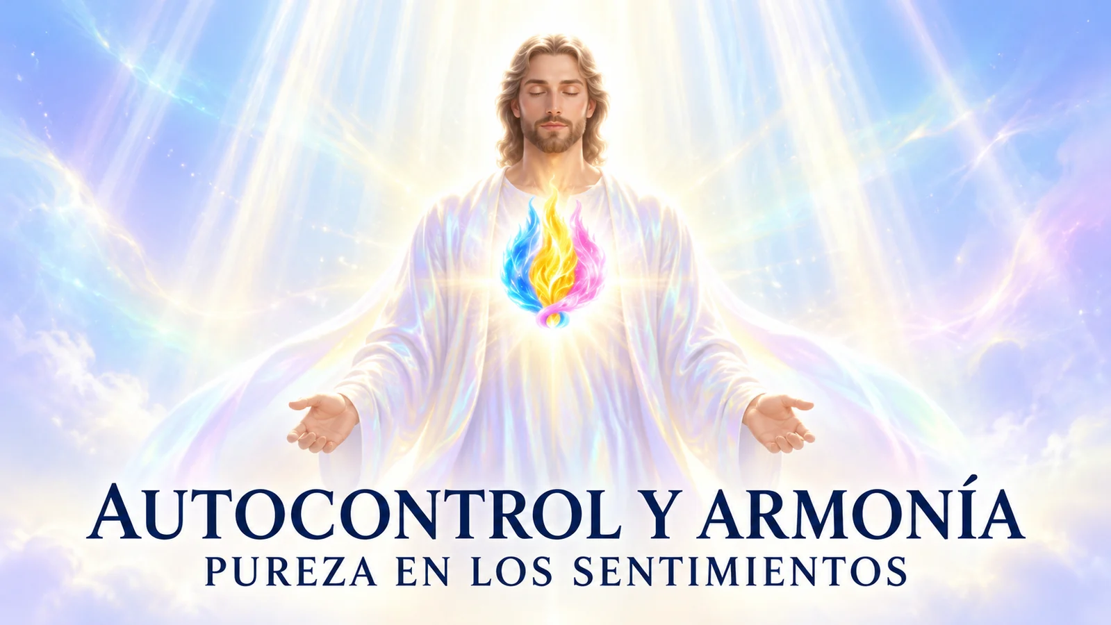 Autocontrol y armonía: hombre sereno con túnica blanca iridiscente y llama triple en el corazón.