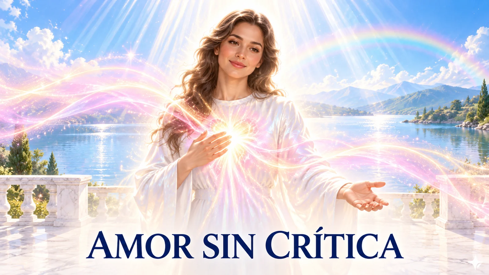 Mujer de cabello castaño con una suave radiación rosa y dorada desde el corazón, junto a un lago luminoso.