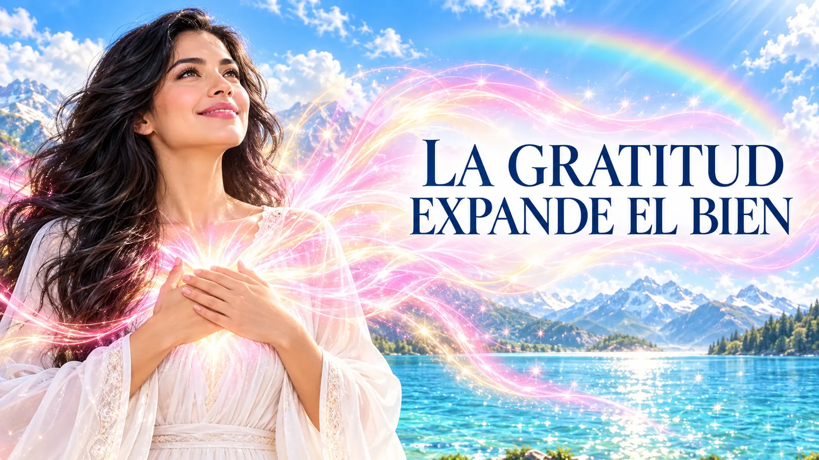 Mujer latina de cabello negro con las manos sobre el corazón mientras una luz rosa y dorada simboliza la gratitud que expande el bien
