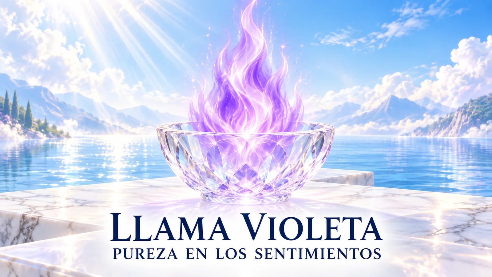 Llama violeta suave sobre un cuenco de cristal junto a un lago de agua clara, bajo un cielo luminoso.