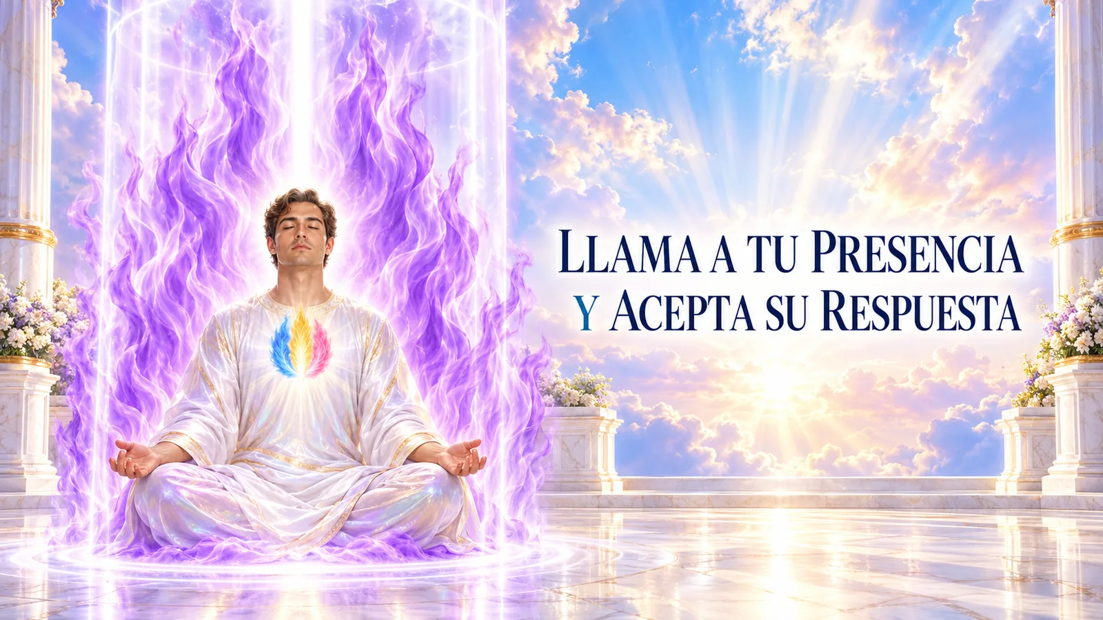 Hombre de cabello castaño meditando dentro del Tubo de Luz y del Fuego Violeta, con la Llama Triple en el pecho