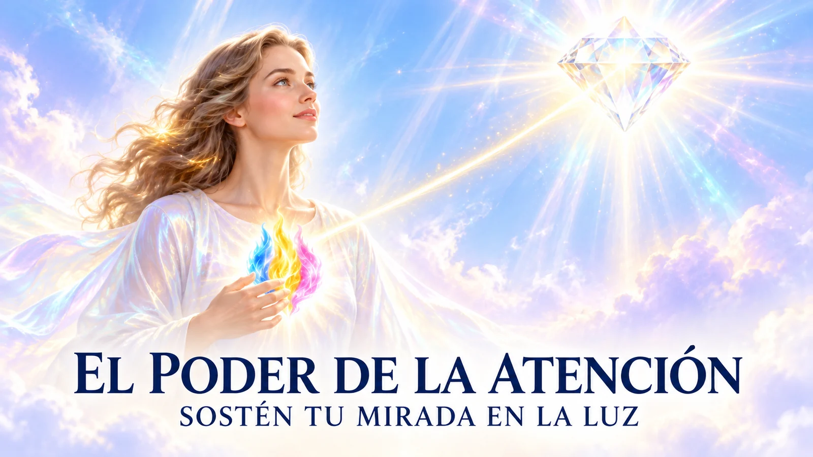 El poder de la atención: mujer con túnica blanca iridiscente y llama triple en el corazón, contemplando un diamante luminoso.
