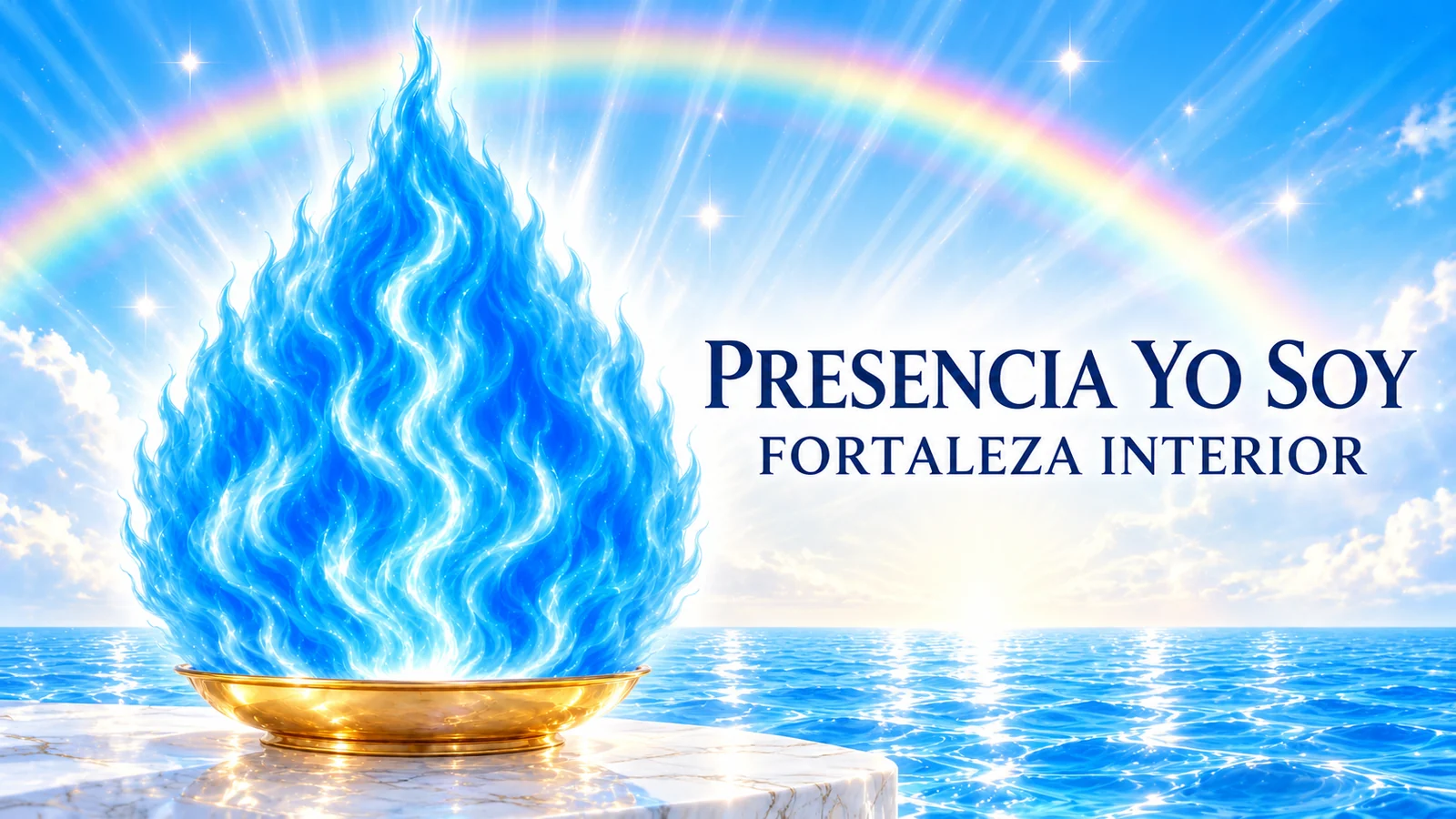 Gran llama azul sobre un cuenco dorado bajo y pequeño, con agua cristalina, cielo luminoso y un arcoíris.