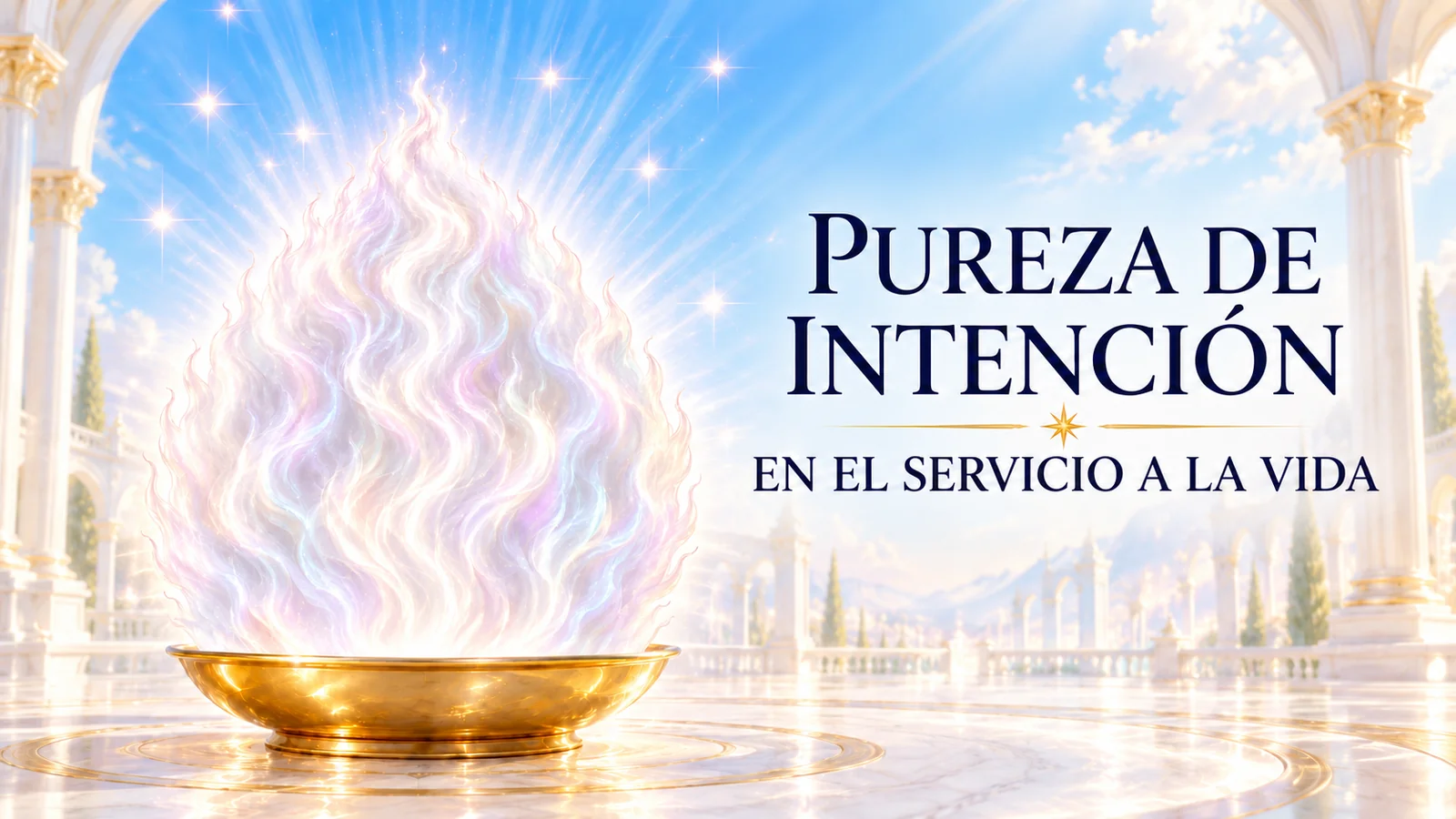 Llama Blanca de la Pureza, grande y sedosa, sobre un cuenco dorado bajo en un santuario luminoso sin agua