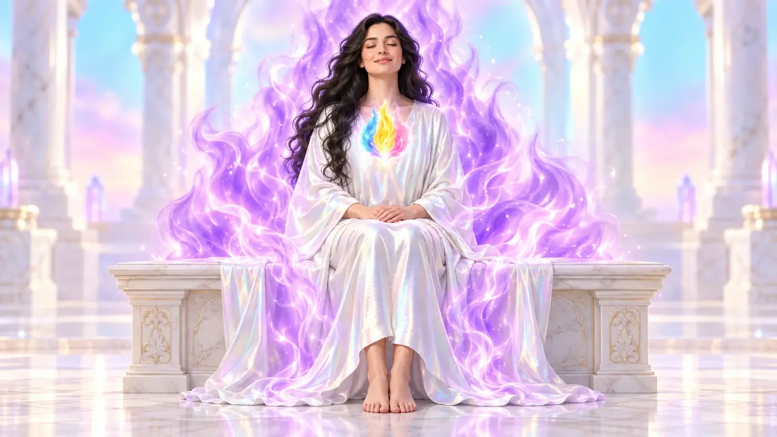 Mujer meditando con postura erguida, Fuego Violeta a su alrededor y Llama Triple azul, dorada y rosa en el pecho