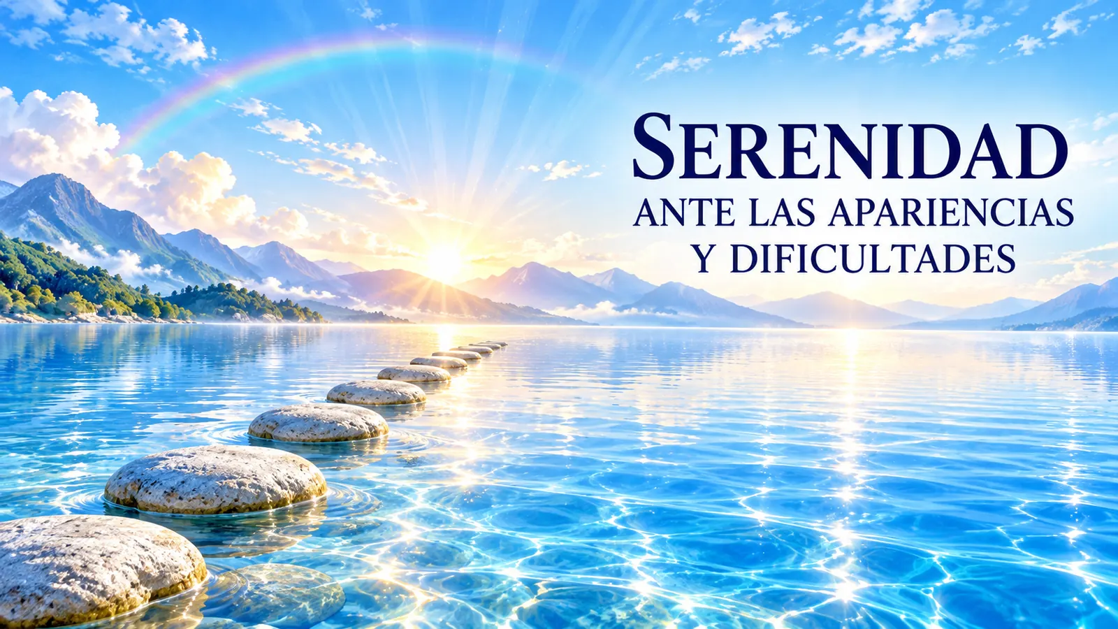 Lago sereno con una senda de piedras y el texto Serenidad ante las apariencias y dificultades