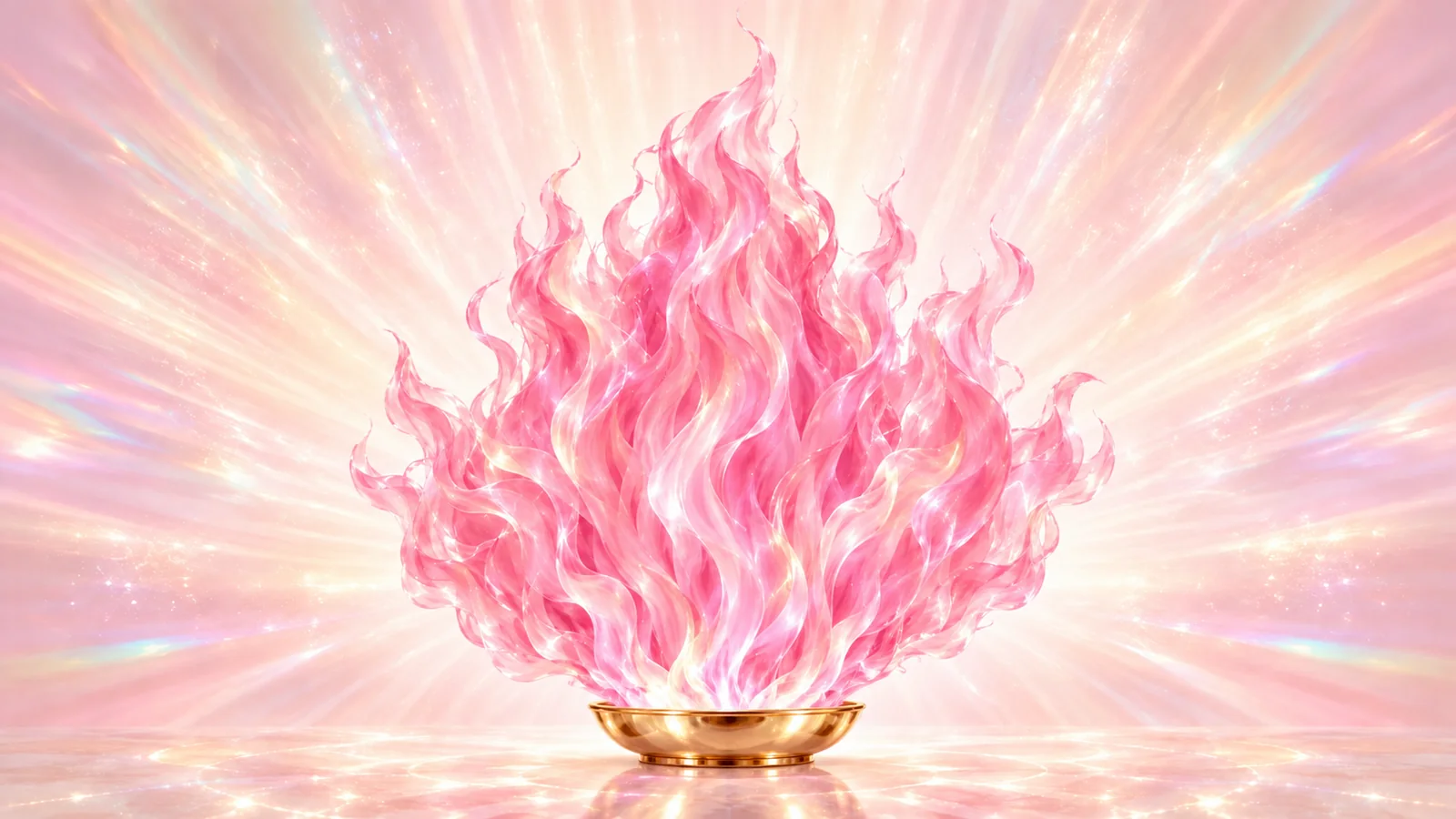 Gran Llama Rosa de fuego sedoso sobre un pequeño cuenco de oro pulido, con radiación luminosa rosada