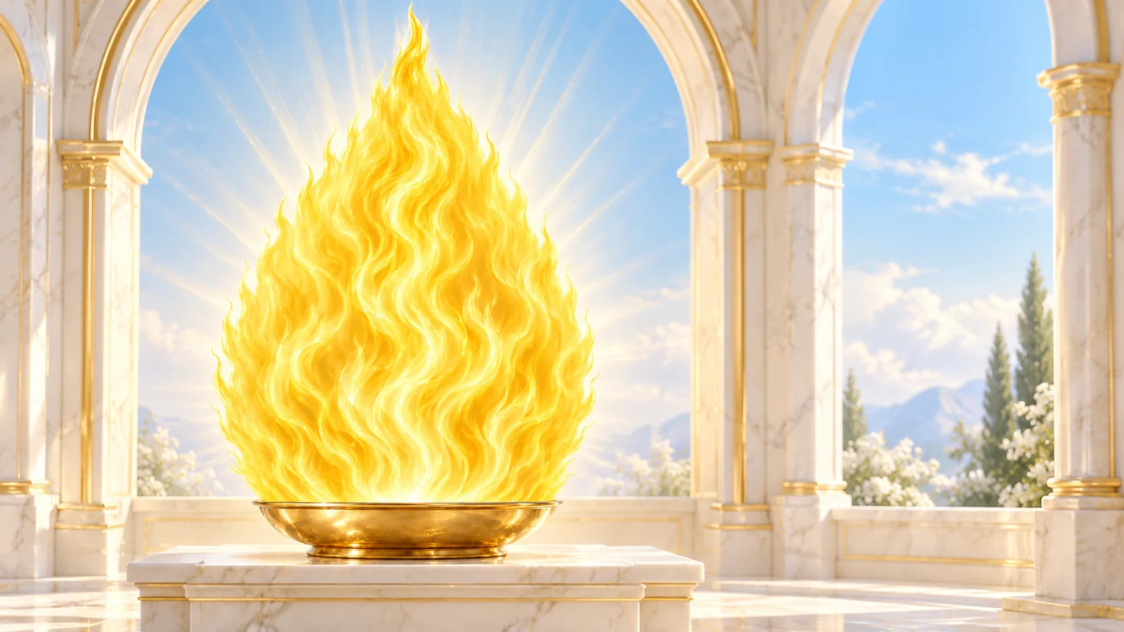 Gran llama dorada de fuego sedoso sobre un cuenco de oro bajo en un santuario luminoso de mármol blanco