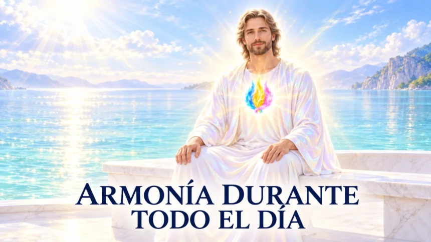 Sostener la armonía: hombre sereno con túnica blanca iridiscente y llama triple en el corazón, sentado junto a un lago tranquilo.